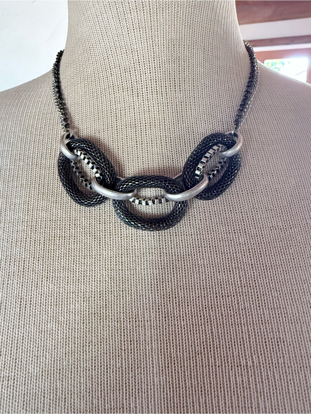 Kenneth Cole Black and Silver Interlocking Oval Mesh Necklace